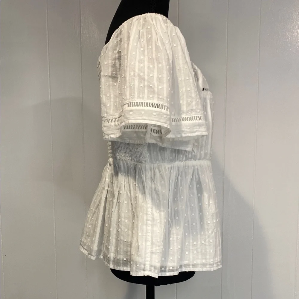 LOFT Blouse Ruffle Puff Sleeve Smocked Swiss Dot Romantic Milkmaid White Medium